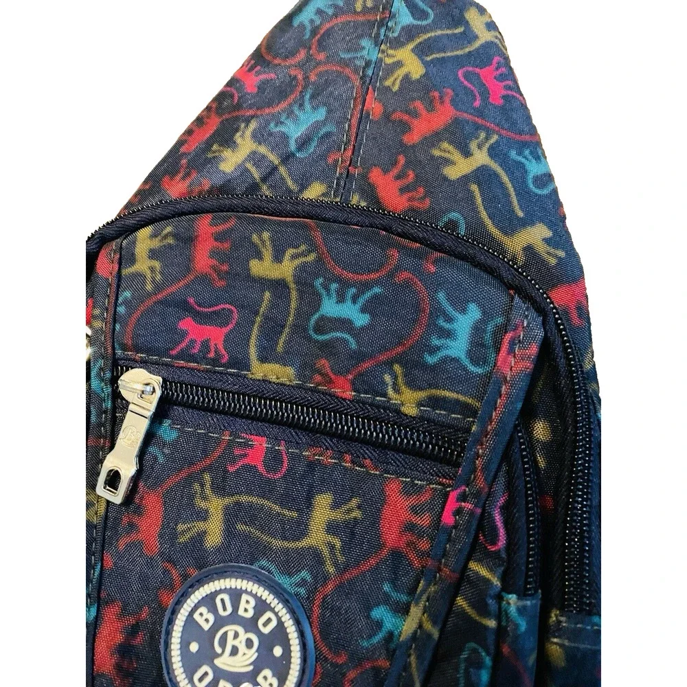 Bobo Obob Monkey Print Sling Backpack Crossbody Bag 4 Pocket Blue Colorful